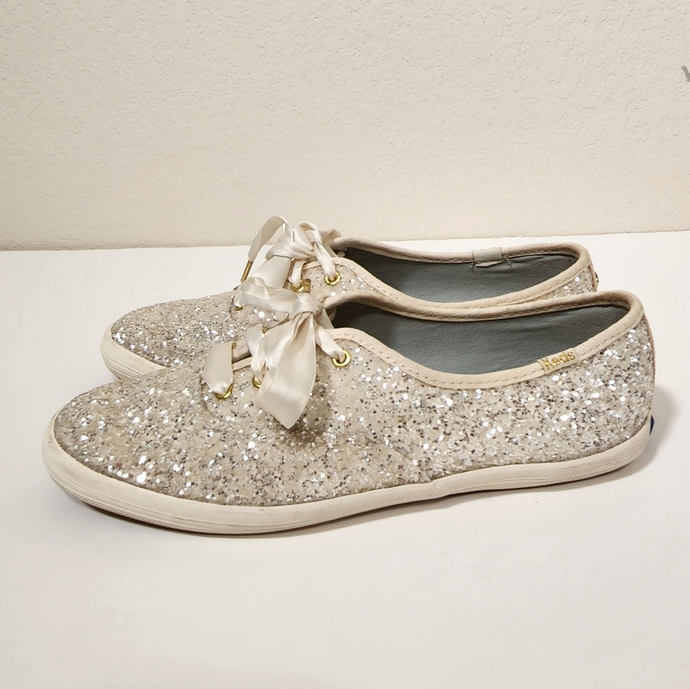 Keds x Kate Spade New York Champion Cream Glitter Bridal Flats Satin Laces
